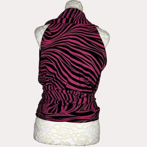 PA Pyong An Blouse Top Animal Print Tie Waist Pink Black 44 US L am - Picture 3 of 7